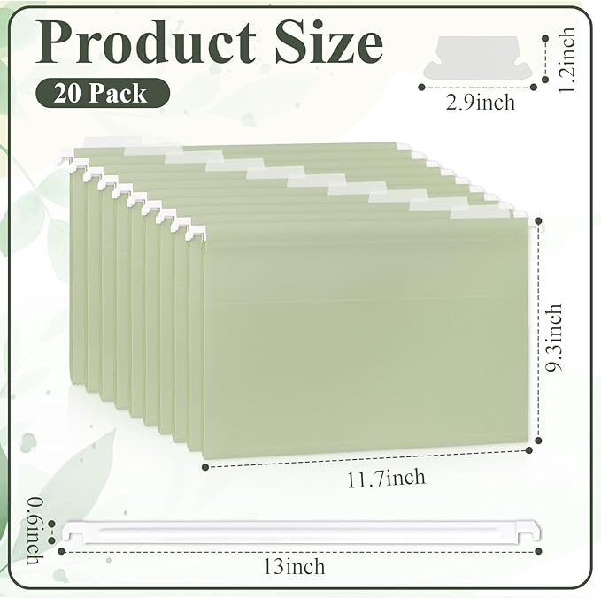 Letter Size Green Hanging File Folders Hanging Document Folder Plastic Transparent Hanging File Folder for File Cabinets Document Filing (20, Sage Green)