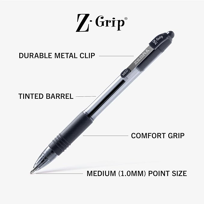 Zebra Pen Z-Grip Retractable Ballpoint Pen, Medium Point, 1.0mm, Black Ink, 2-Count