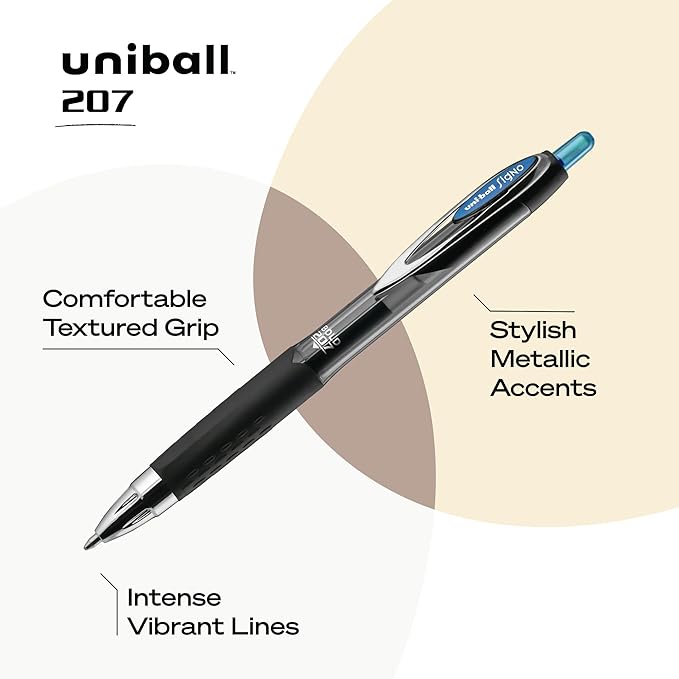 Uni-Ball Signo 207, 12 Pack 1.0mm Bold Blue Gel Pens - Water Resistant, Smooth Writing, Comfort Grip, Retractable - Back to School Pens, Teacher Pens, School Supplies