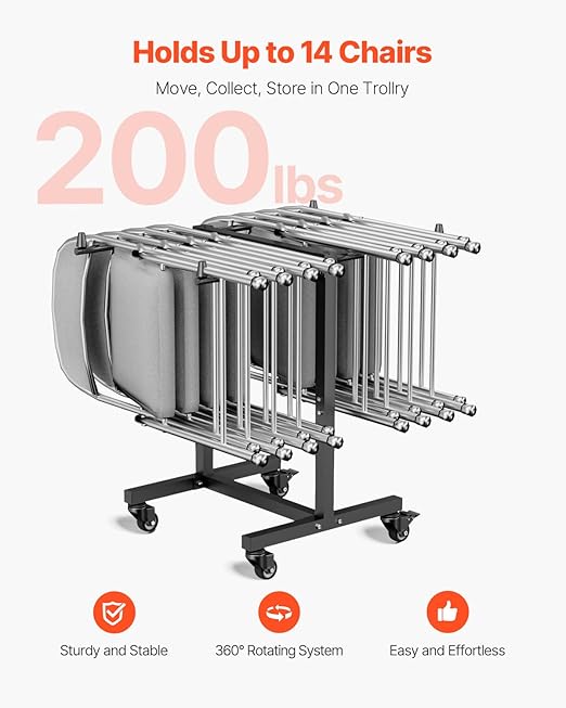 VEVOR Folding Chair Rack, 200 LBS Capacity, T-Shape Chair Cart for 14 Chairs, Heavy-Duty Metal Chair Storage Dolly with Rubber Wheels, Multi-Function Chair Holder for Party Event,Hotel, Matte Black