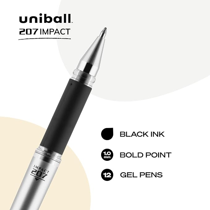 Uni-Ball® 207™ Impact™ Gel Pens,Bold Point,1.0 mm,Black; Gray Barrel,Black Ink,12 Count (Pack of 12)
