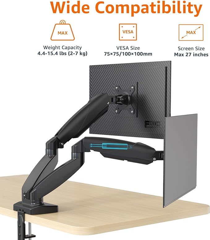 Amazon Basics Gas Spring Dual Computer Monitor Arm Desk Mount, Adjustable, Holds up to 27" Monitors, Black