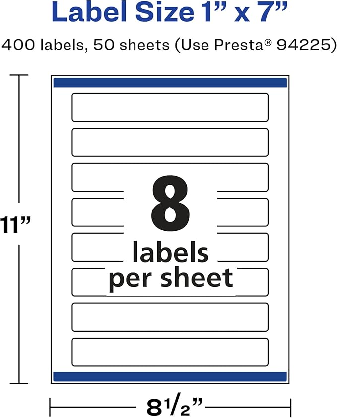 Avery Glossy White Rectangle Labels, Sure Feed Technology, 1" x 7", 400 Glossy White Labels, Print-to-The-Edge, Permanent Adhesive, Laser/Inkjet Printable