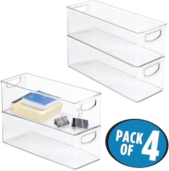 mDesign Plastic Office Supply Organizer - Storage Holder Bin with Handles for Desk Drawer, Cabinet - Pencil, Pen, Envelope and Supplies Container Basket - Ligne Collection - 4 Pack - Clear