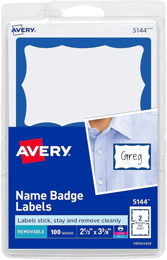 Avery Adhesive Laser/Inkjet Name Badge Labels, 2 1/3-inch x 3 3/8-inch, White with Blue Border, 100 Labels Per Pack (5144)