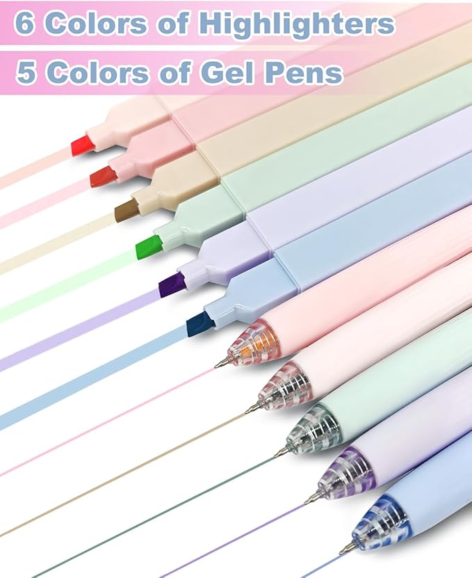 Bible Highlighters and Pens No Bleed, 6 Cute Highlighters and 5 Colored Ink Pens for Bible Study, Aesthetic Bible Pens and Highlighters Set for Note Taking Journaling Supplies, 11 Pack