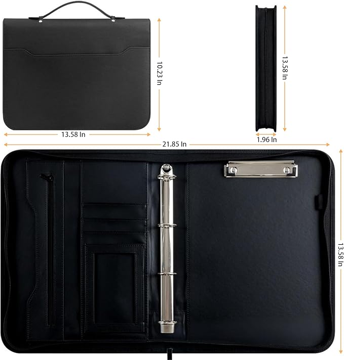 3-Ring Portfolio Binder, Zippered Folder with Writing Pad, PU Leather with Pockets, Professional Organizer with Laptop Sleeve and Folder (Black)