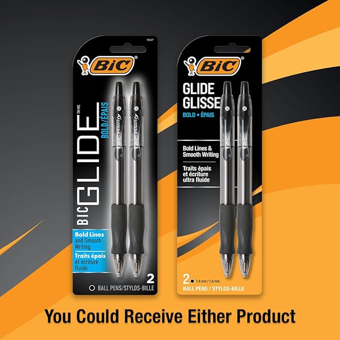 BIC Glide Bold Black Ballpoint Pens, Bold Point (1.6mm), 2-Count Pack, Retractable Ballpoint Pens With Comfortable Full Grip