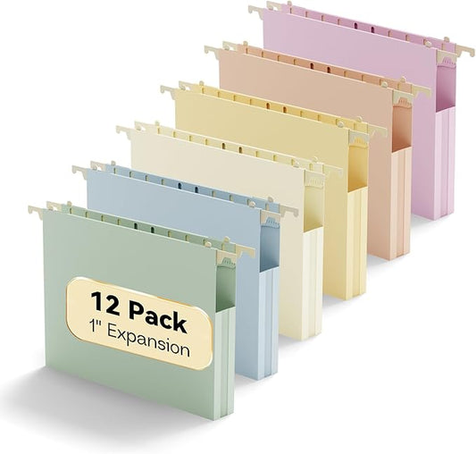 Plastic Hanging File Folders 1 Inch Expansion Letter Size,12 Pack Reinforced Heavy Duty Hang Folder with Tabs,Pastel Color Expandable Hanging Files with Side,File Cabinet Folders for School