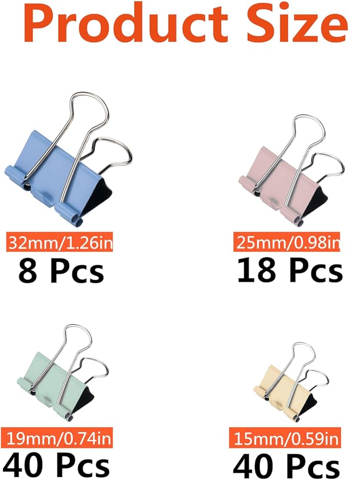 Assorted Sizes Binder Clips Paper Clamps 106 Pcs Large,Medium,Small,X Small,Colored Paper Clips Office Supplies