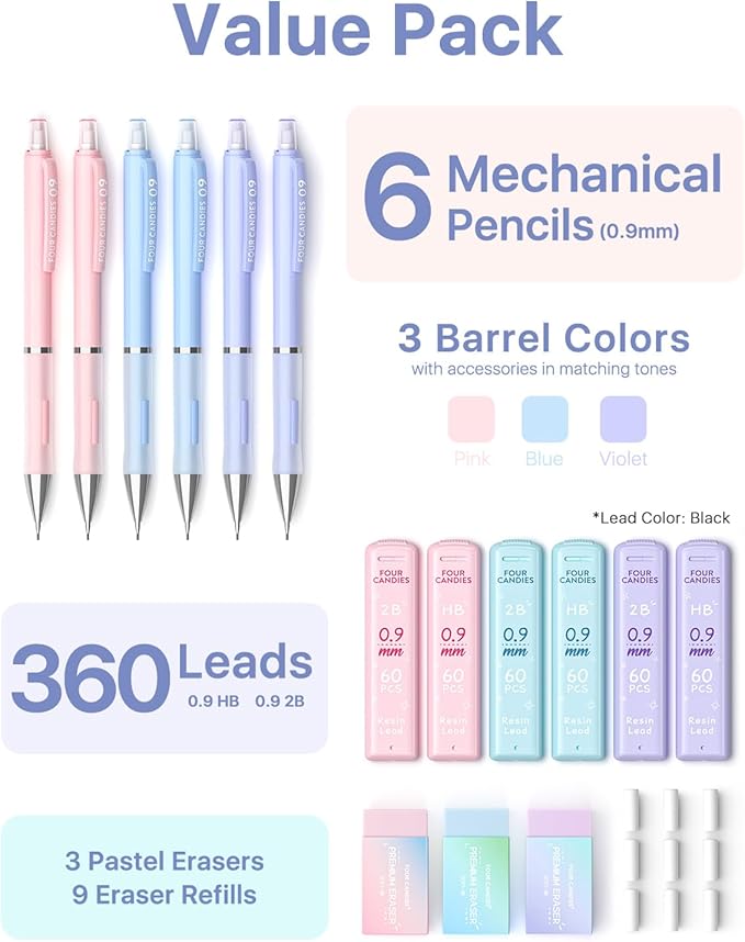Four Candies Mechanical Pencil Set - 0.9 mm (Bold Point), 6PCS Cute Pencils Mechanical with 360PCS (HB & 2B) Lead Refills & 12PCS Erasers & 1PCS Storage Case, Pastel Aesthetic Lead Pencils for School
