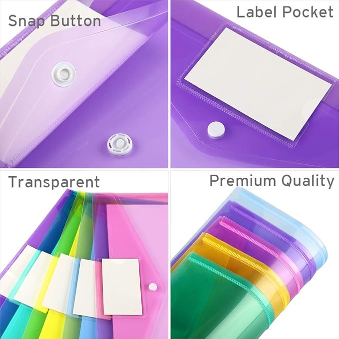 Sooez 12 Pack Folders Plastic Envelopes with Snap Closure, Clear Plastic File Folder for Document, Letter A4 Size Poly File Envelopes with Label Pocket for Home Work Office Organizer, 5 Colors