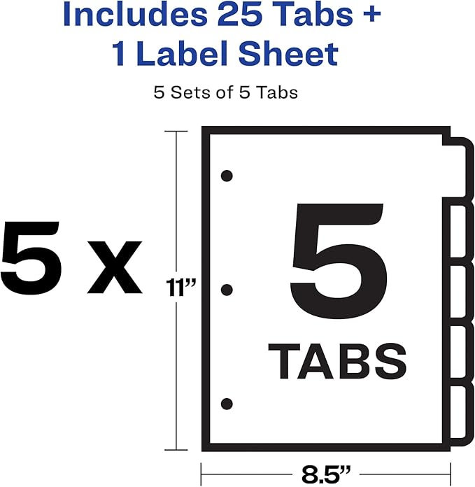 Avery 5-Tab Binder Dividers, Easy Peel Clear Labels for Copiers, Index Maker, White Tabs, 5 Sets (11421)