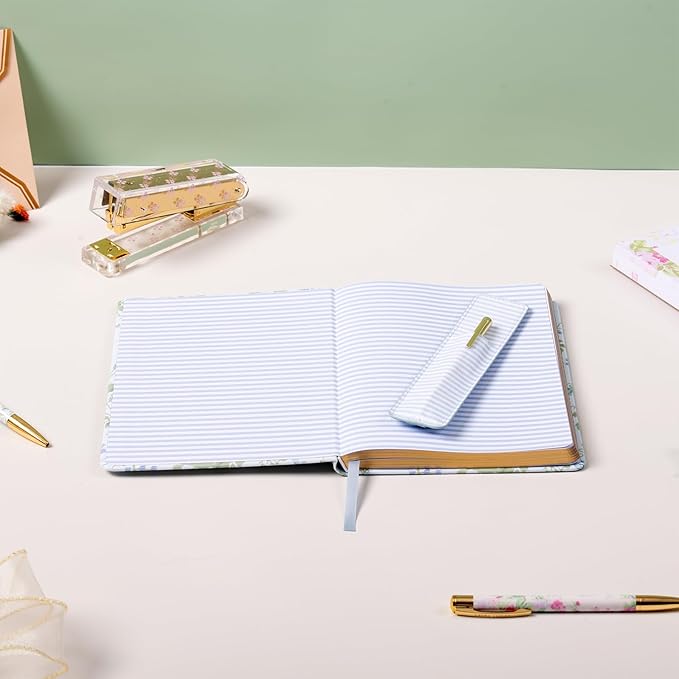 Laura Ashley Premium Fabric Hardcover Writing Journal with Pen | 256 Lined Pages | Elegant Floral Design | Perfect for Diaries, Notes, and Gift Giving (Blue - A5-6-x-8 Inches)