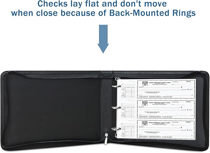 LLi Cufite 3 Rings Check Binder for End-Stub Deskbook Checks, Zipper Business Check Binder, 3 on a Page, Fit 3 & 9 Holes Check Faux Leather (9.5" x 12.6") (Black)