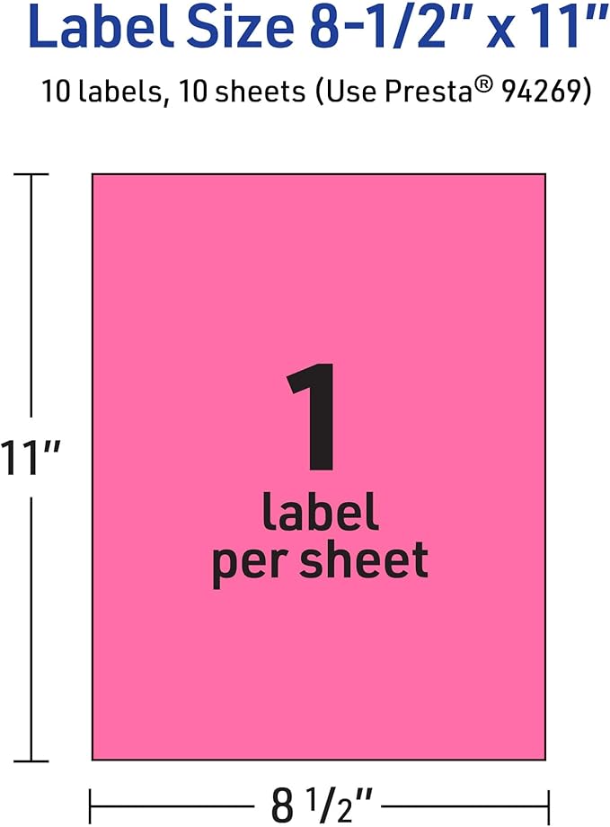 Avery Printable Sticker Paper, 8-1/2" x 11", Full-Sheet Labels, Bright Pink Labels, Laser/Inkjet Printable, 10 Total, Great for Packaging and Stickers