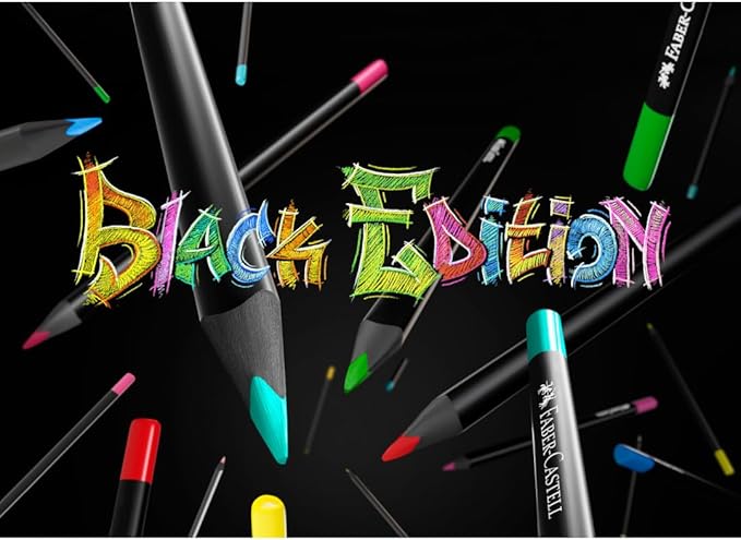 Faber-Castell Black Edition Colored Pencils Set: Soft Core Pencils with Bold Pigment and Smooth Laydown, Break-Resistant Leads, Ergonomic Grip, and Foldable Storage Sleeve (100 Count)
