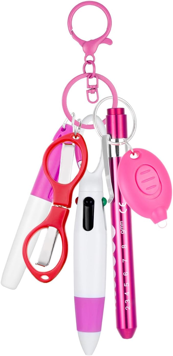 6 Pcs Nurse Pens for Badge Set,Nurse Badge Accessories with Reel Pen,Nursing Accessories Healthcare with Pens,Highlighter and Permanent Marker Pen and Led Keychain Foldable Scissors(Pink)