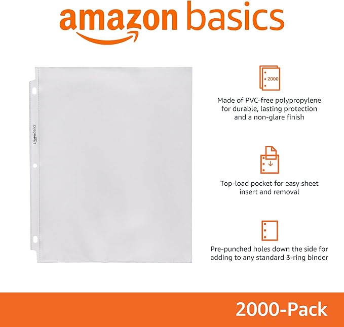 Amazon Basics Sheet Protector - Non-Glare, 8.5 x 11 in, Clear, 2000 Count (Pack of 1)