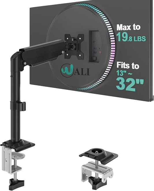 WALI Single Monitor Arm Mount for up to 32 inch Screens, Gas Spring Stand with Full Motion Tilt Swivel Rotation, Holds 19.8 lbs, VESA 75/100, C-Clamp & Grommet Mount (GSDM001S)