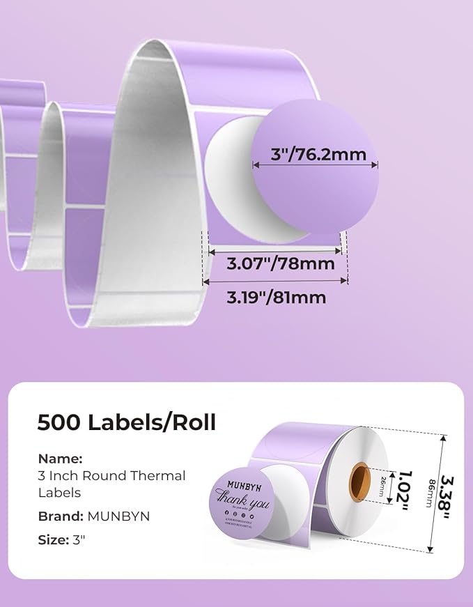 MUNBYN 3 Inch Purple Circle Thermal Sticker Labels, Multi-Purpose Self-Adhesive Round Direct Thermal Labels for Business, 500 Sheets/1 Roll