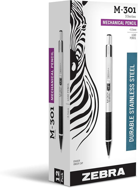 Zebra Pen, STEEL M-301 Mechanical Pencils, 0.5mm Fine Point, Refillable Lead, Stainless Steel Barrel, Built-in Eraser, Durable Clip, Lightweight Precision Pencil for Office or School, 12-Pack (54010)