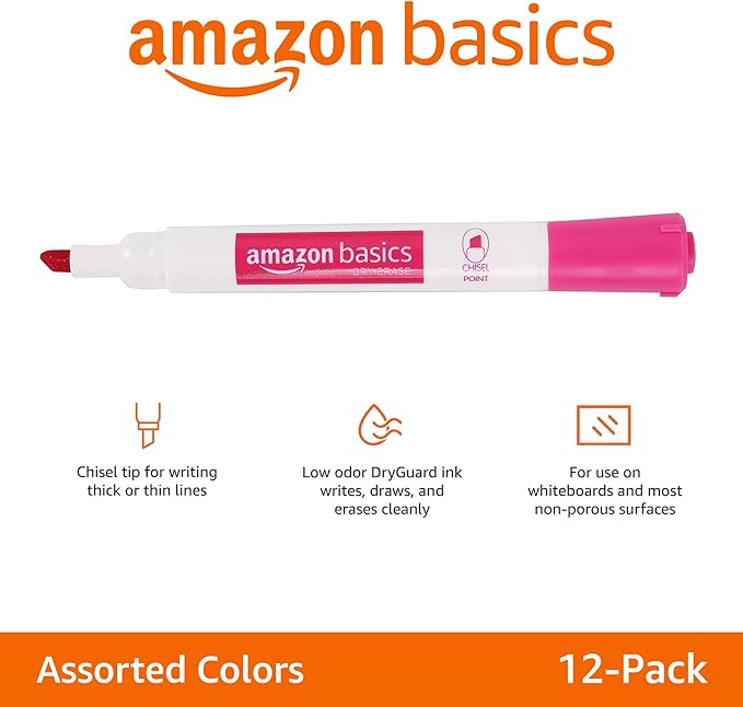 Amazon Basics Dry Erase Whiteboard Markers, Chisel Tip, Low-Odor, Assorted Colors, 12-Pack, Erase Easily