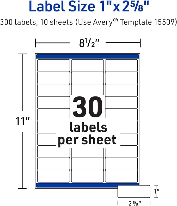 Avery Waterproof Printable Address Labels with Sure Feed, 1" x 2-5/8", White, Ultrahold Permanent Adhesive, Laser Printers, 300 Blank Mailing Labels, Great for Mailing, Branding, and More (15509)