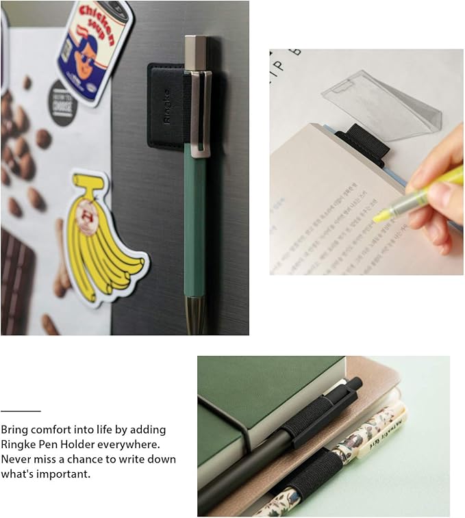 Ringke Pen Holder for Apple Pencil, Journal, Notebooks, and More - 3M Self Adhesive PU Leather Durable Pen Loop with Elastic (3 PACK) - Black