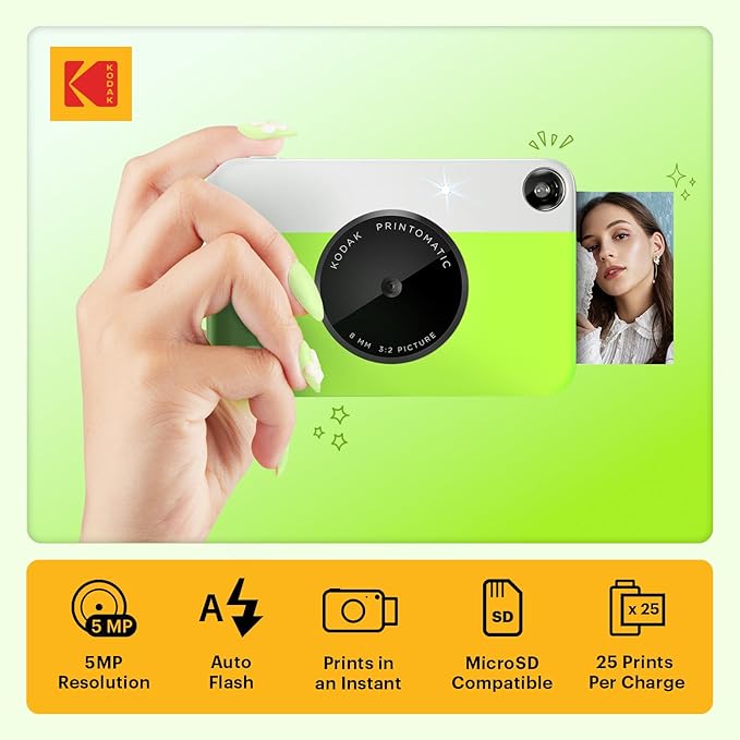 Kodak Printomatic Full-Color Instant Print Digital Camera - 75 Sheets Bundle - Prints On Zink 2x3 Sticky-Back Photo Paper - 5MP, Portable, Creative Fun Gift for Birthday, Christmas, Holiday - Green