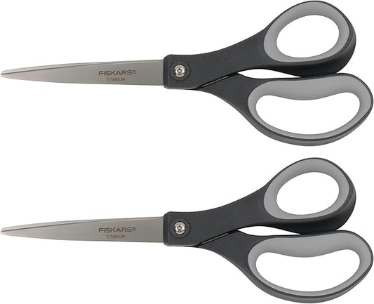 Fiskars 8” Everyday Titanium Comfort Grip Scissors (2-Pack), Home & Office Scissors for Cutting Paper, Cardboard, Photos and More, Gray