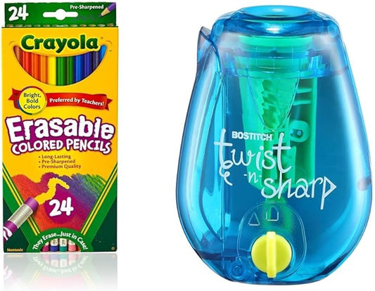 Crayola Erasable Colored Pencils, 24 Count, Assorted (Long) and Bostitch Office Twist-n-Sharp Pencil Sharpener (PS1-ADJ)