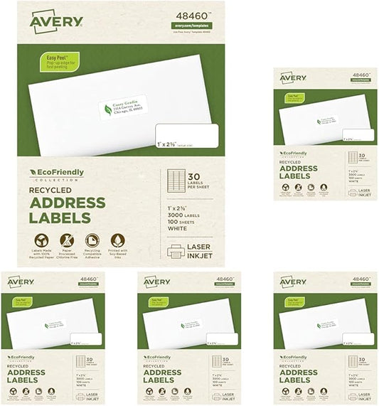 Avery EcoFriendly Recycled Address Labels, 1" x 2-5/8", White, Permanent Label Adhesive, 3,000 Printable Labels (48460) (Pack of 5)