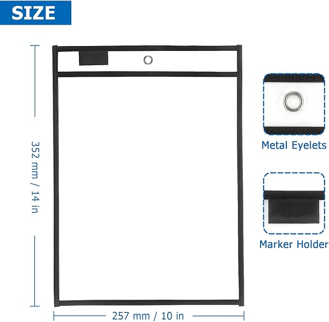 Tamaki 8 Pack Dry Erase Pockets Sleeves with Rings, 10 x 14 Inch Ticket Holders Clear Plastic Sheet Protectors for Teacher Classroom Supplies, Black