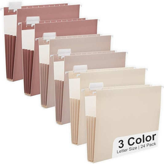 Y YOMA Letter Size - 24 Pack Extra Capacity Hanging File Folders Accordion Decorative File Folder Cute Colored Hanging Folder Organizer for Office Home with 1/5-Cut Adjustable Tabs, Mocha Color
