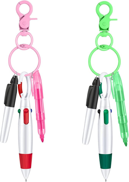 Sabary Mini Highlighter Nurse Pen Pack Set Nurse Pens for Badge Include Pink and Purple Tip Highlighter 2 Permanent Marker and 2 Retractable Ball with 2 Keychain Clip(Pink, Green)