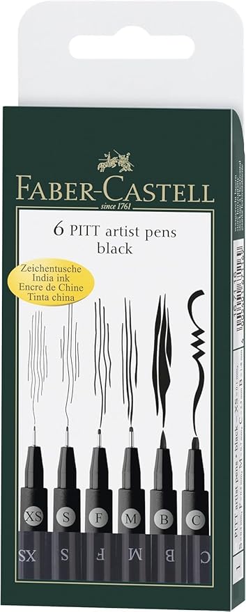 Faber-Castell F167116 Pitt Artist Pen Wallet of 6 with Assorted Tips - Black