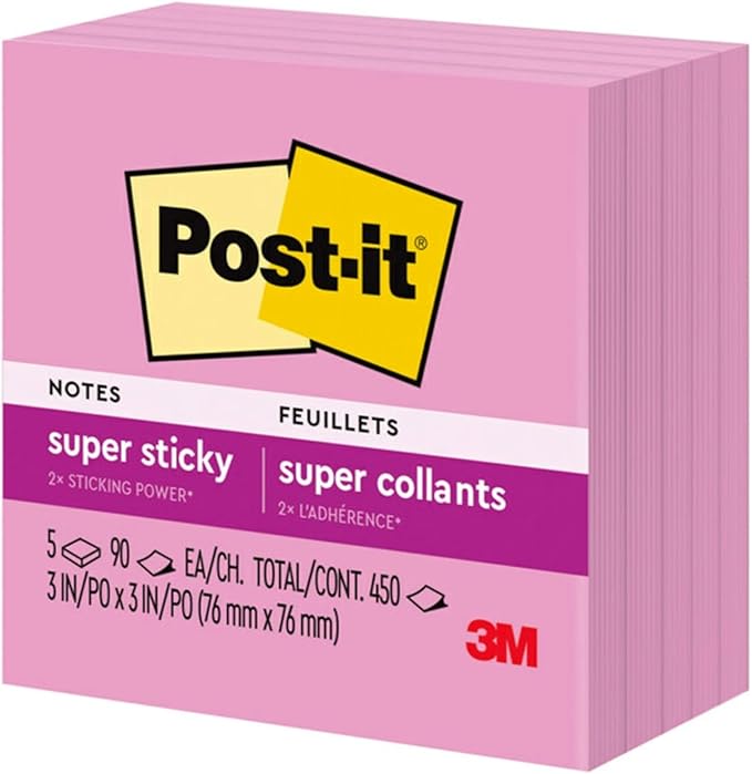 Post-it Super Sticky Notes, 5 Sticky Note Pads, 3 x 3 in., Ideal for Organization in Your Dorm, Home or Office, Single Color Packs Collection, Tropical Pink