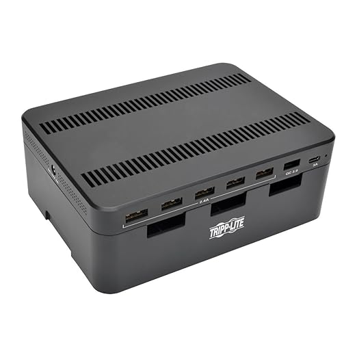Eaton Tripp Lite Series USB Charging Station for Multiple Devices, 7-Port Portable Multi USB Device Dock, 1 USBC, Storage Slots for Phone Apple iPhone Tablet & iPad, 2.4A Per Port (U280-007-CQC-ST)