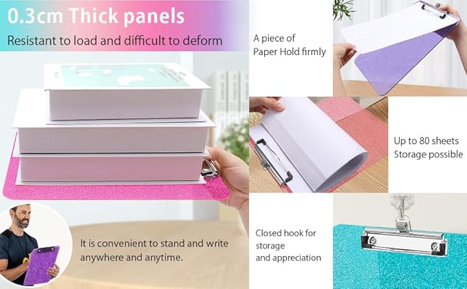 Sparkly Clipboard with Pen Holder, Clear Plastic Glitter Clip Board, Hanging Shiny Clipboards with Low Profile Metal Clip, Letter A4 Size for Taecher Women Office School (Rose Pink)