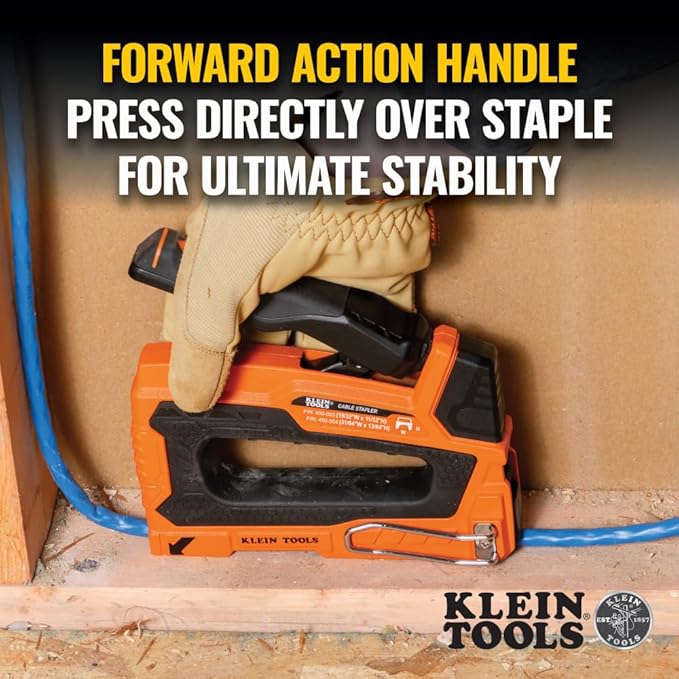 Klein Tools 45001 Heavy Duty Staple Gun, Loose Cable Stapler for Voice and Data Cable, Fits 13/64-Inch to 19/32-Inch Insulated Staples