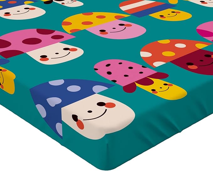Ambesonne Mushroom Fitted Sheet, Smiling Funky and Shapes with Polka Dots and Stripes, Bed Cover with All-Round Elastic Deep Pocket for Comfort, Full Size, Dark Seafoam Multicolor