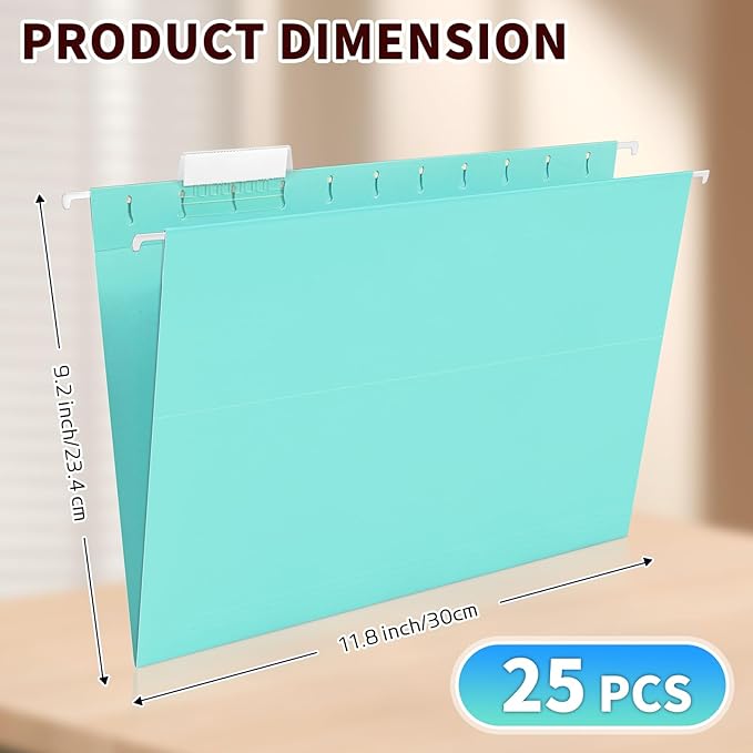 25-Pack Hanging File Folders,Letter Size,Includes 35 Transparent Label Cards & 50 Sticker Labels,1/5-Cut Tabs for Home & Office Organization(25, Aqua)