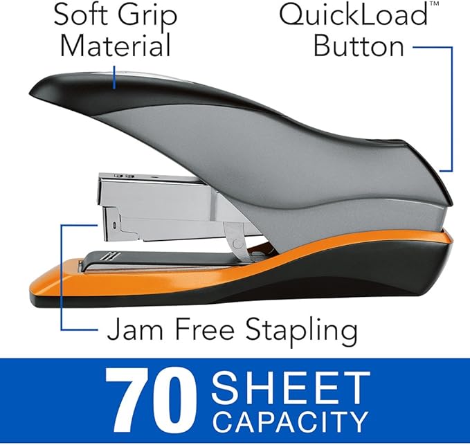 Swingline Stapler, Full Strip, 70 Sheet Capacity, Optima 70, Jam Free, Reduced Effort, Soft Grip, Metal, Silver, Black and Orange (87870)