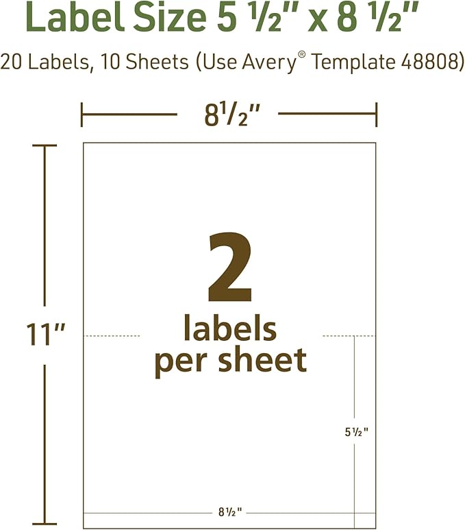 Avery EcoFriendly Recycled Shipping Labels, 5.5" x 8.5" Half-Sheet Labels, White, Permanent Adhesive, Laser & Inkjet Printers, 20 Total, Great for Mailing, Product Merchandising, and More (48808)