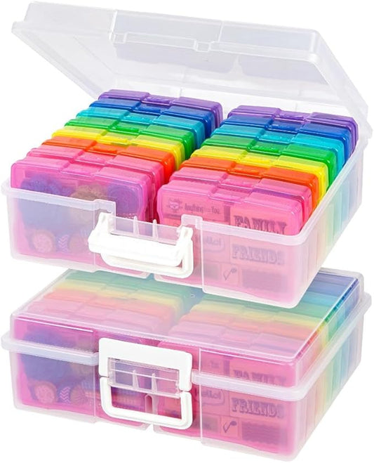 IRIS USA 4" x 6" Photo Storage Box Craft Keeper, 2-Pack, Transparent Handle Container with 16 Organization Holder Cases for Pictures, Tasks, Ephemera, Scrapbooking, Stationery, Multi-Color/Clear
