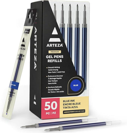 ARTEZA Gel Pen Refills, Pack of 50 – Blue Ink Rollerball Refills with Fine Tip, Quick-Drying for Office, School & Everyday Writing