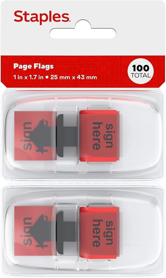 Staples Sign Here Page Flags, 1", Red, 100 Flags – Sticky Tabs for Signatures, Approvals & Document Review