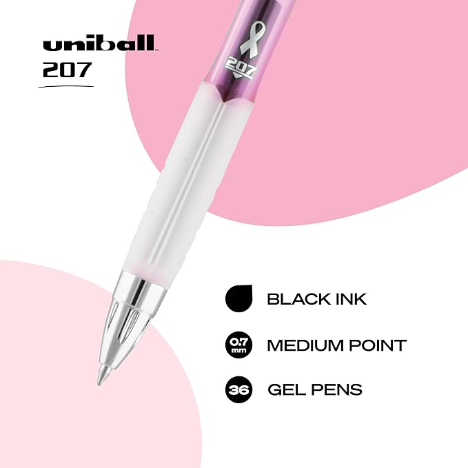uniball 207 Pink Ribbon Retractable Gel Pens, Medium Point (0.7mm), Black, 36 Pack