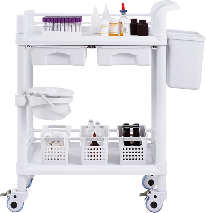 VEVOR Medical Mobile Trolley Cart with 2 Drawers & 3 Trash Cans, 2 Tiers Beauty Salon Rolling Trolley with 4 Silent Wheels & 2 Dirts Bucket & Bowl, Medical Utility Cart for Hospital Dental Clinic Lab